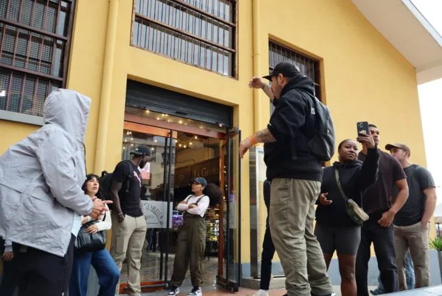 Bogotá Walking Tour guide sharing historic tales in La Candelaria