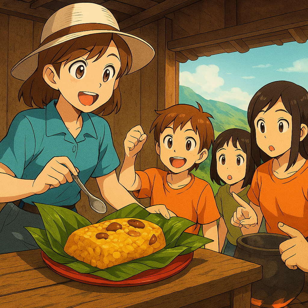 Anime-style illustration of a tour guide revealing a Tolima tamal wrapped in bijao leaves to excited travelers inside a rustic kitchen with Colombian mountains in the background.