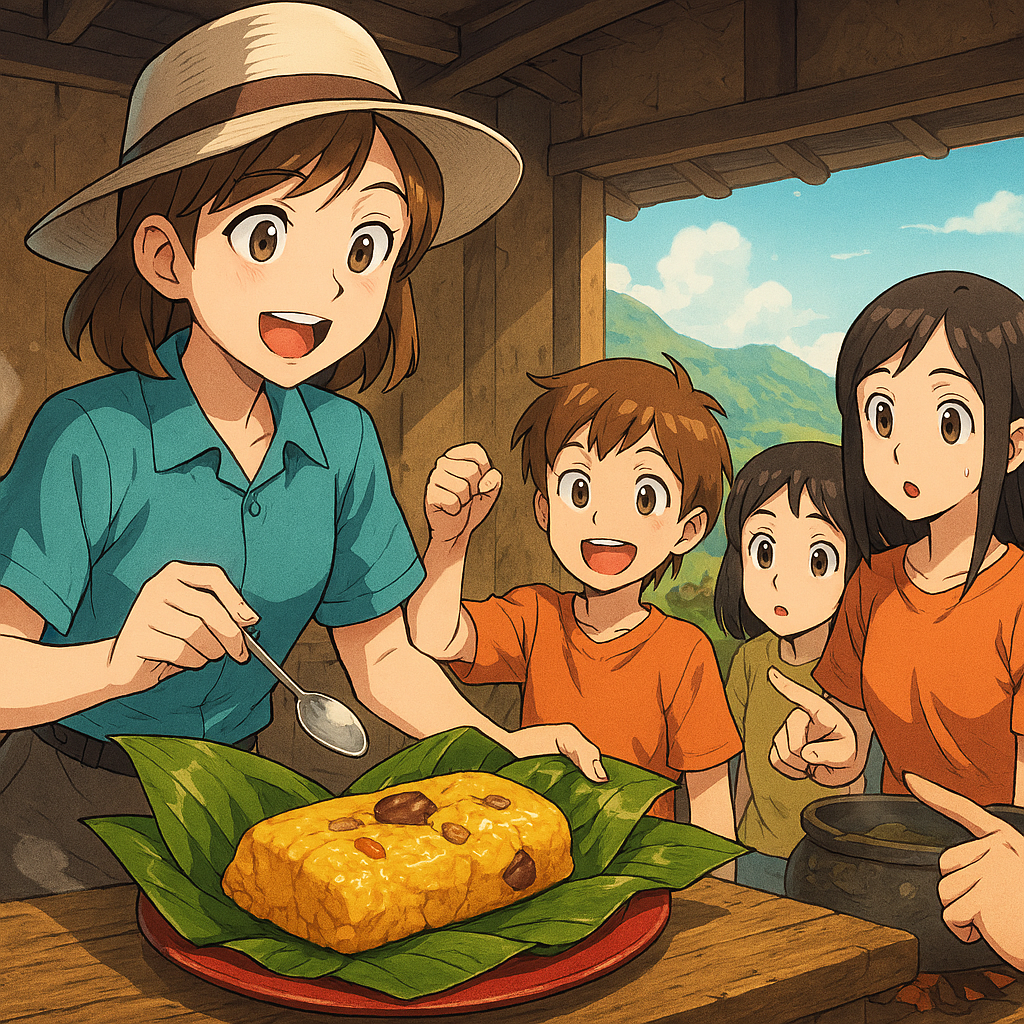 Ilustración estilo anime de una guía turística revelando un tamal tolimense envuelto en hojas de bijao ante un grupo de viajeros emocionados, en una cocina rústica con montañas colombianas al fondo
